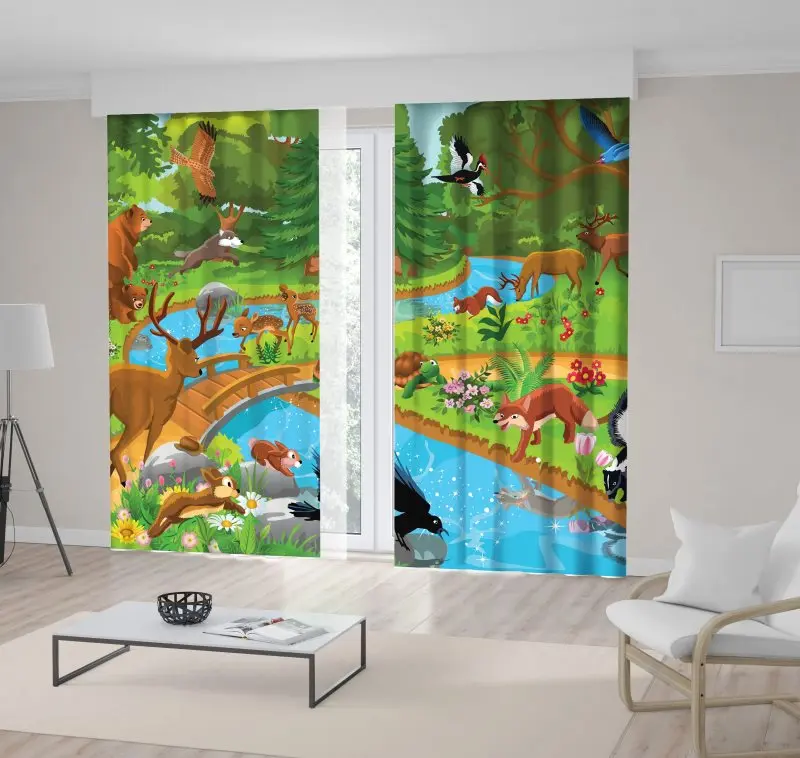 

Curtain Forest Animals Coming to Drink Water Colorful Childish Cartoon Artwork Printd Green Blue Brown