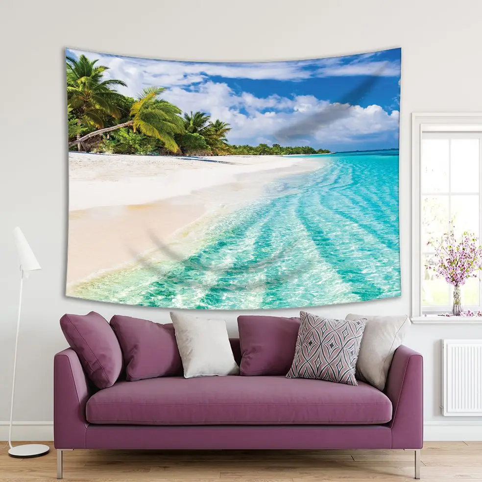 

Tapestry Beach with Palm Trees Cloudy Sky Summer Vacation Travel Holiday in Maldives Luxury Travel Destination Photo