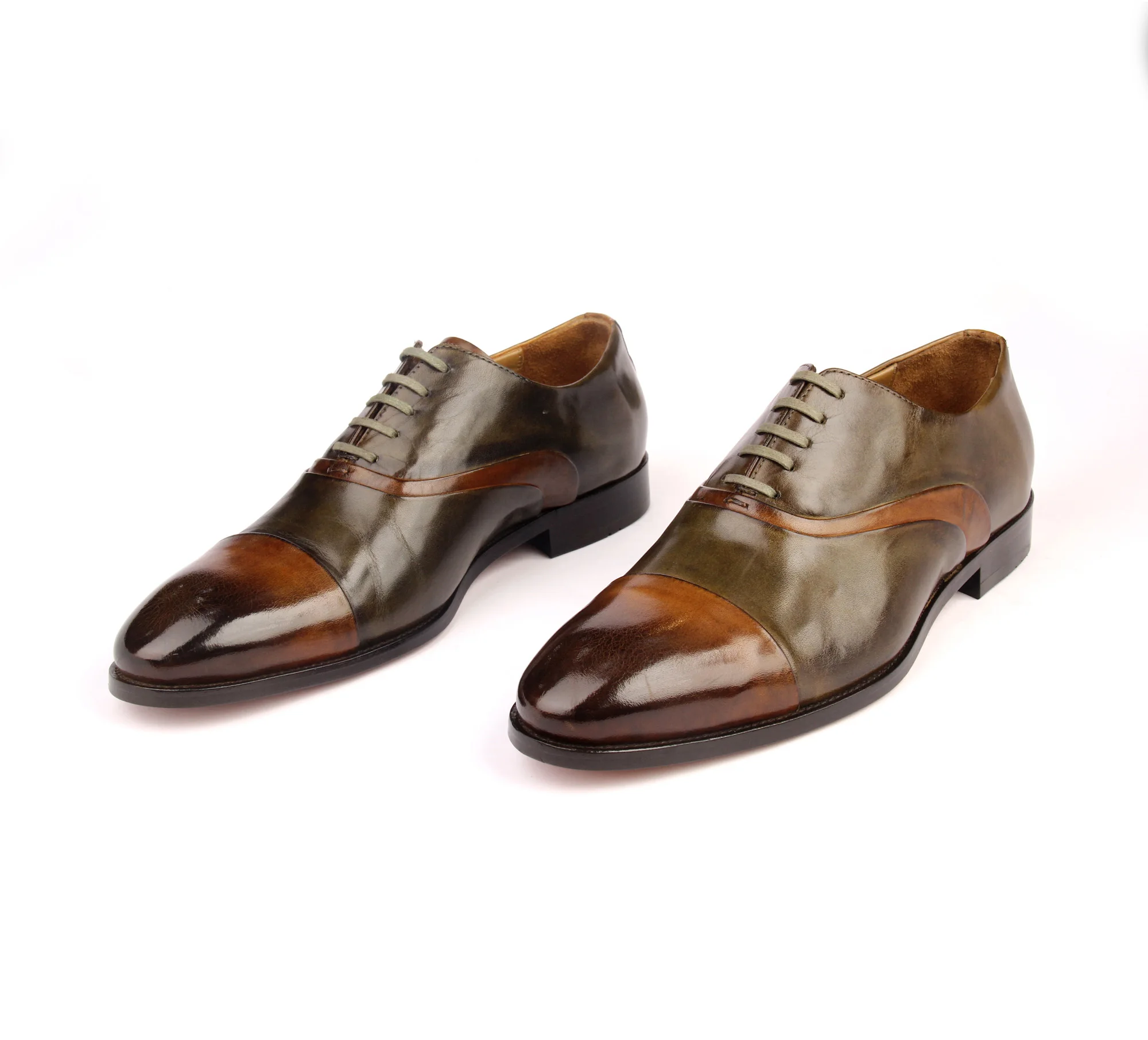 

Handmade Spectator Oxfords, Olive Green & Tobacco Shiny Classic Shoes with Real Calf Leather, Genuine Leahersole, Men's Fashion