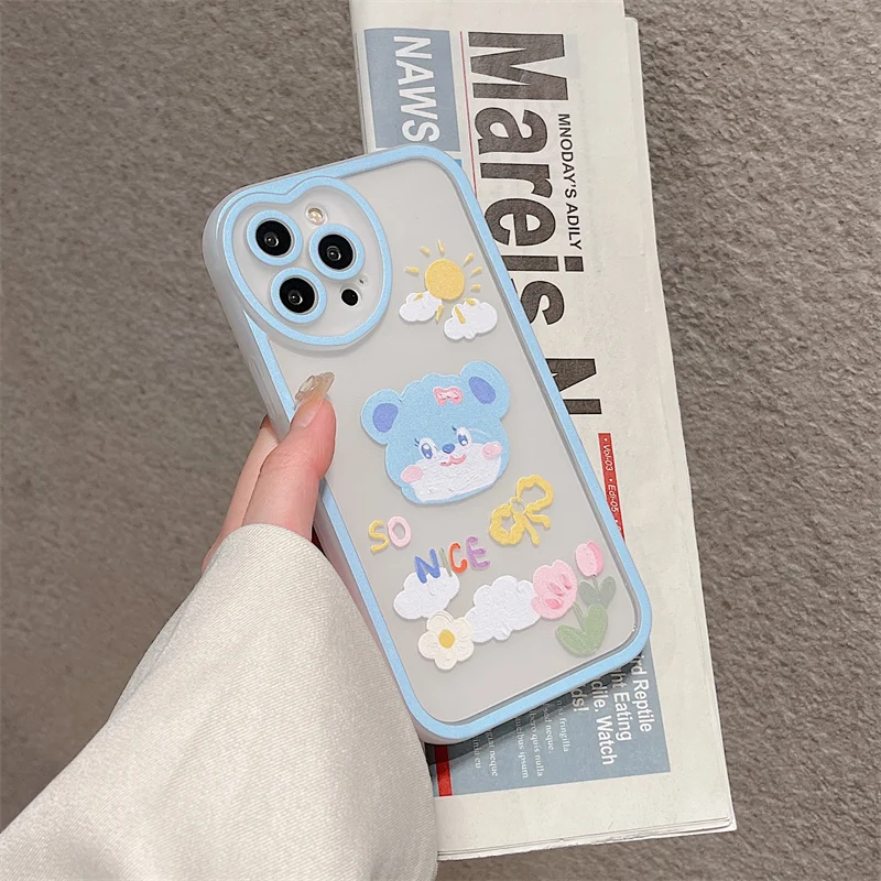 Cute Bear Flower Oil Painting Phone Case For iphone 13 12 11 Pro Max X XR XS Cover Fashion Cartoon Clear Soft Silicone Cases |