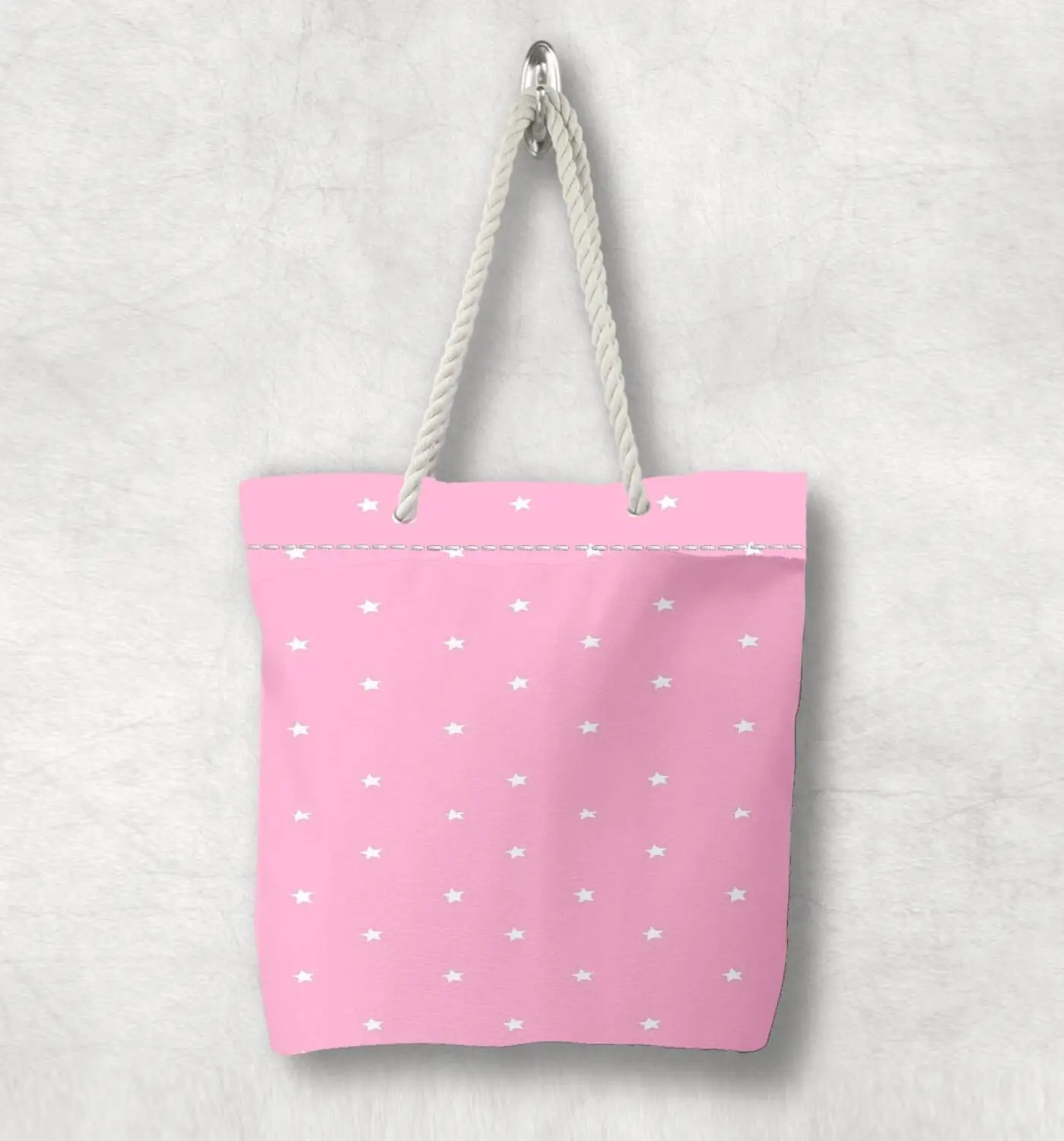 

Else Pink White Stars Hugs Pink Hearts Scandinavian White Rope Handle Canvas Bag Cartoon Print Zippered Tote Bag Shoulder Bag