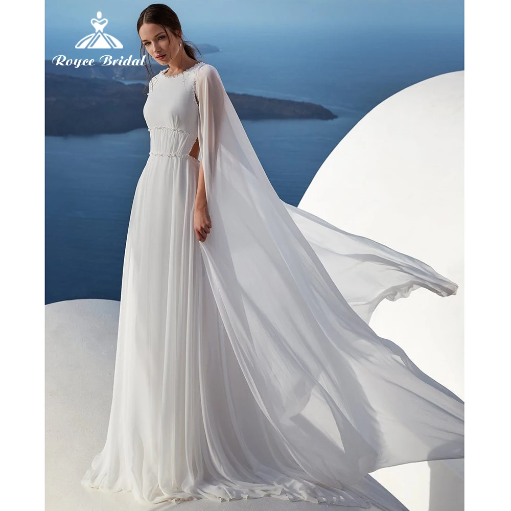 

Beach Watteau Backless High Waist Ball Gown Wedding Dresses 2022 Chiffon Bridal Gowns Sweep O-Neck Floor-Length Beading vestidos