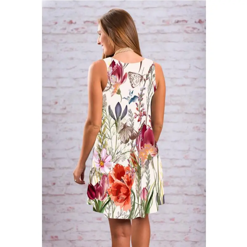 

2021 Summer Vintage Dress Women Sleeveless Floral Print Round Neck Elegant Dresses Casual Loose Female Tank Dress