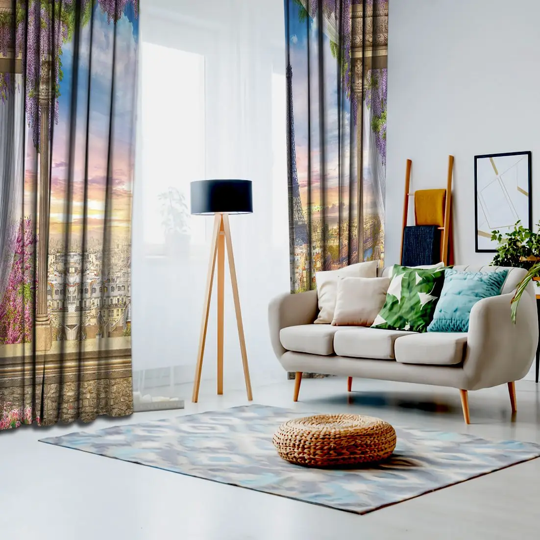 Занавеска с панорамным видом на Эйфелеву башню восхода солнца террасы цветастое