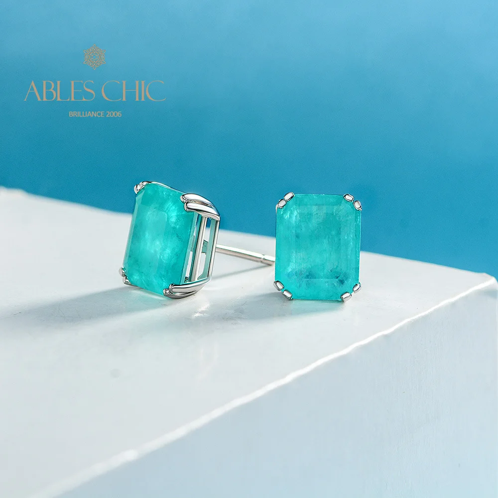 

Solid 925 Silver Emerald Cut Lab Grown White Diamond Studs Big Paraiba Tourmaline Post Earrings S2E4S2E0121