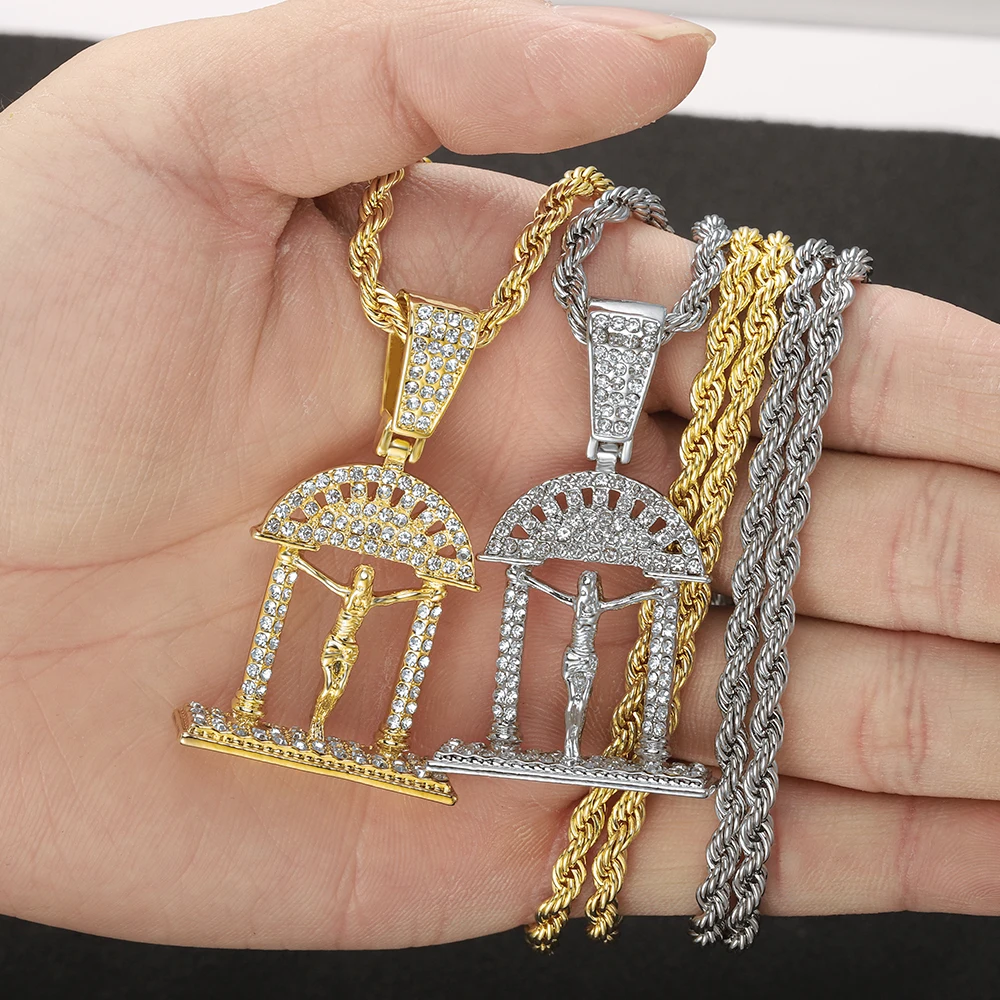 

Classic Men's Chained Christian Jewelry Gift Vintage Cross Jesus in the Church Good Friday Pendant and Necklace Gold Jewelry