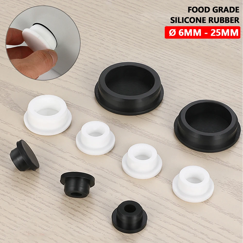 

6mm - 25mm Black White Food Grade Silicone Rubber Plug with Hole T Inserts Blanking Plug Tube Pipe End Cap Stopper Sealing Cover