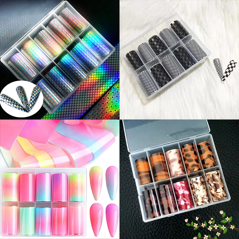 

10 Pcs Nail Transfer Foil Holographic Animal Print Designer Logo Manicure Art Decoration Stickers Slider Adhesive Paper Decal