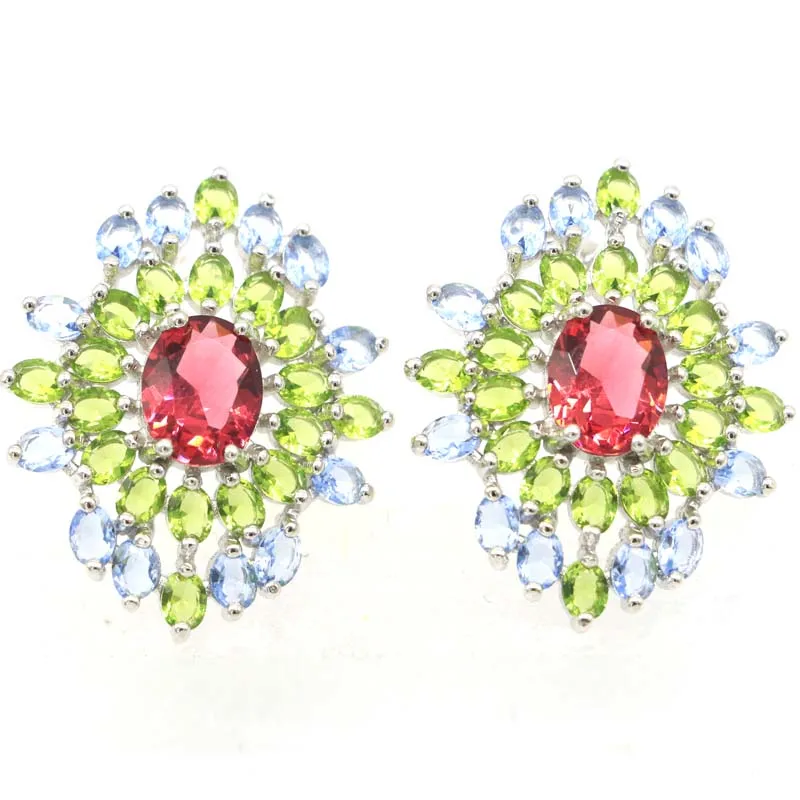 

33x27mm Multi Color 9.6g Rhodolite Garnet Peridot Citrine Smokey Topaz Ladies Daily Wear Silver Earrings