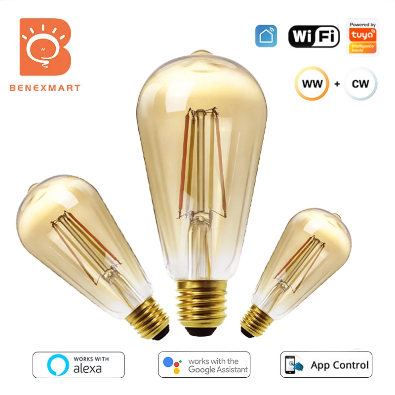 

Benexmart TUYA WiFi LED Filament Bulb ST64 Vintage Edison Lamp E27 E26 Warm White Cool Light Alexa Google Home 220v Control