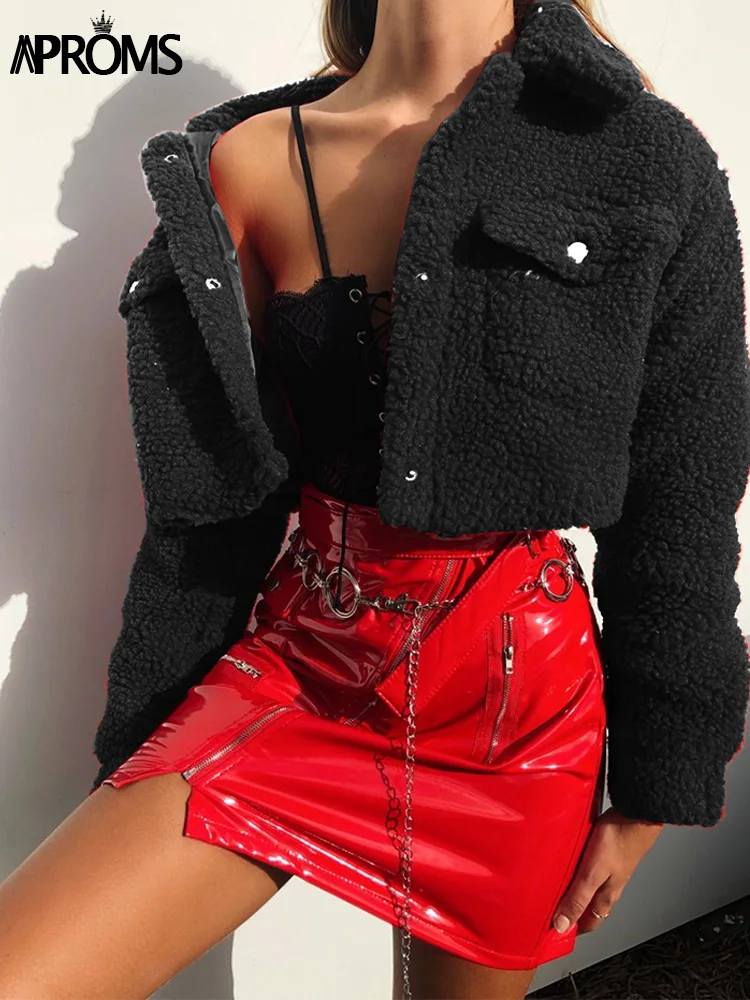 

Aproms, модные черные куртки на пуговицах с карманами, женское приталенное пальто с длинным рукавом, зимнее пальто, крутая уличная короткая кур...