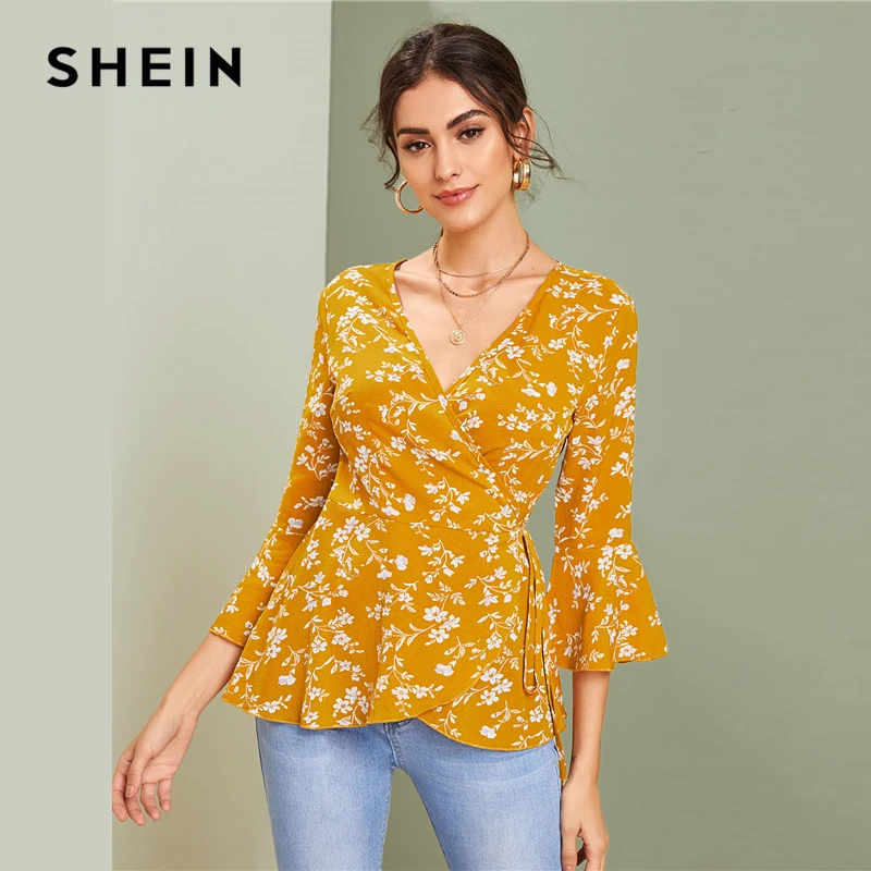 SHEIN V шеи Ditsy цветочный принт Узелок Бохо Вязаная блуза с запахом женские топы осенний праздничный рукав-Волан дамские облегающие блузки