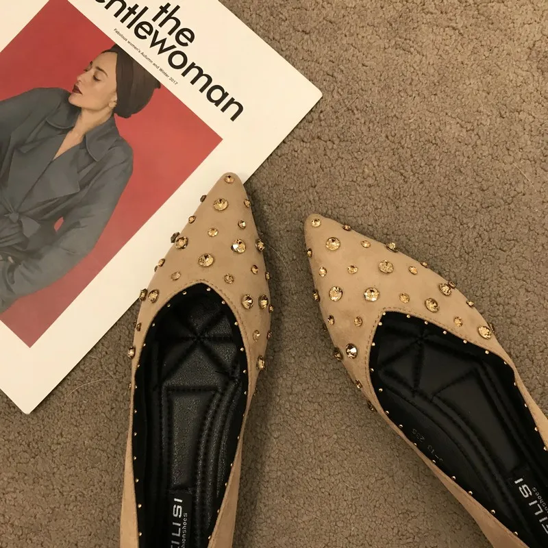 

Women Pointed Toe Flock Flats Black Gray Apricot Rhinestone Decoration Flat Wedding Shoes Female Footwear