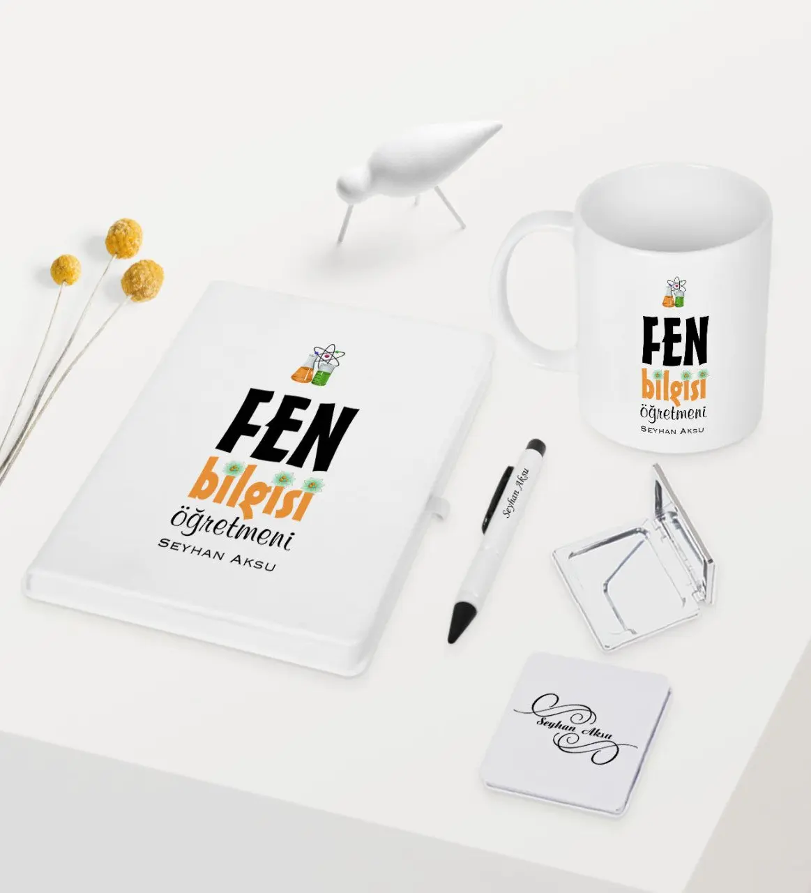 

Personalized Science Teacher Themed White Notebook Pen Cup Mirror Set