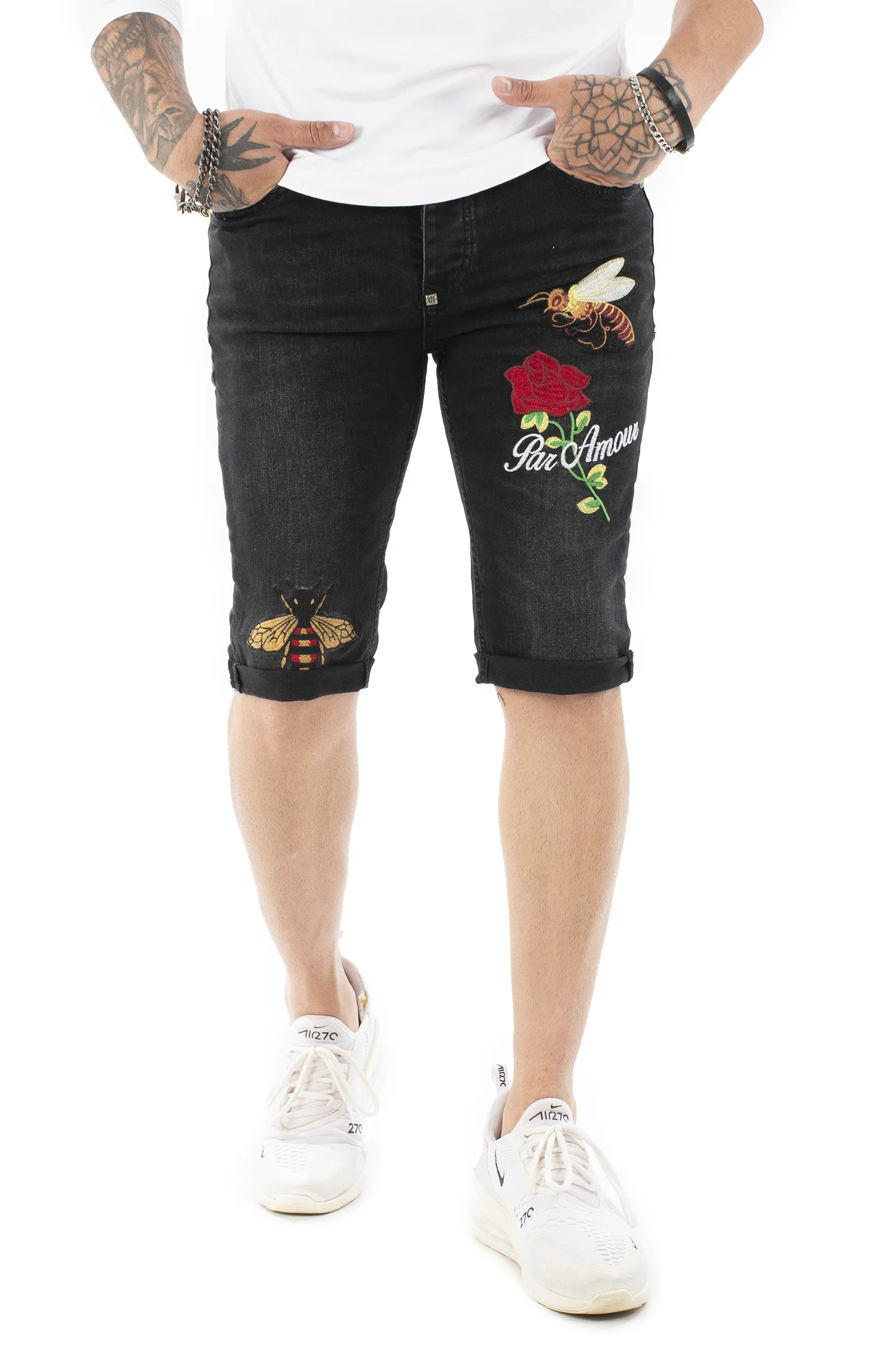 

DeepSEA Male Black Bee and Rose Embroidery Narrow Cut Jeans Capri Cotton Shorts Slim Fit Lycra High Quality Spring Summer casual 2110145