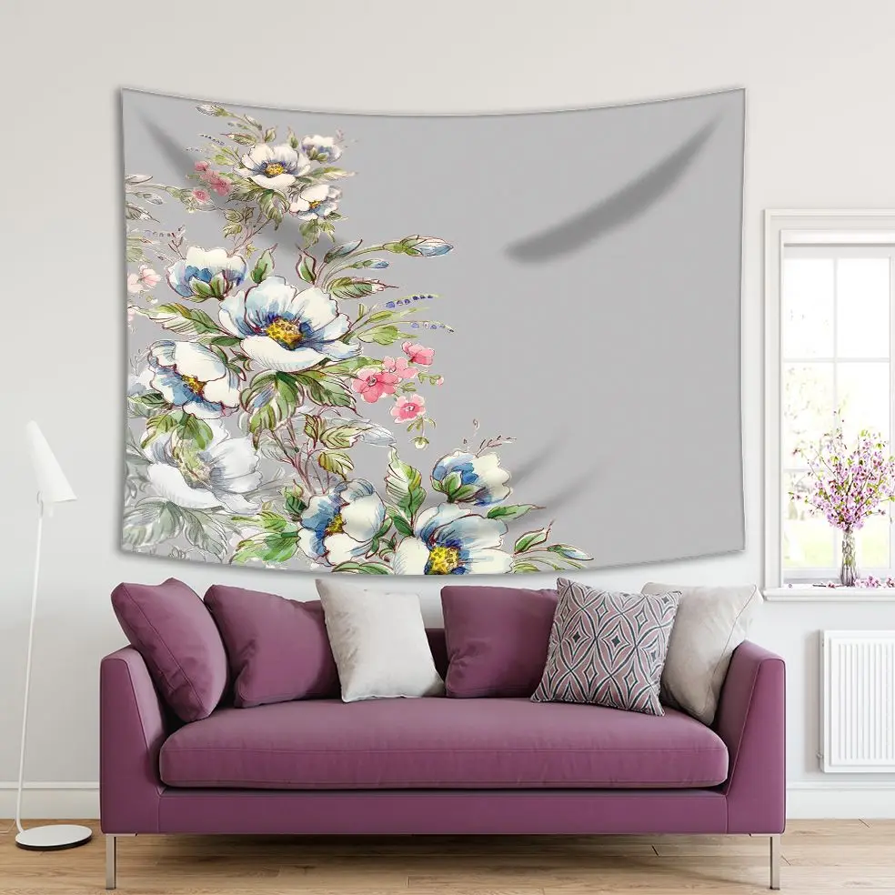 

Tapestry Wild Bouquet of Flowers Blossoms on Gray Background Vintage Painting Style Floral Artwork Green White Blue