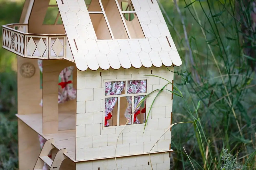 Конструктор большой фанерный кукольный домик с верандой 48*48*67 см Деревянный