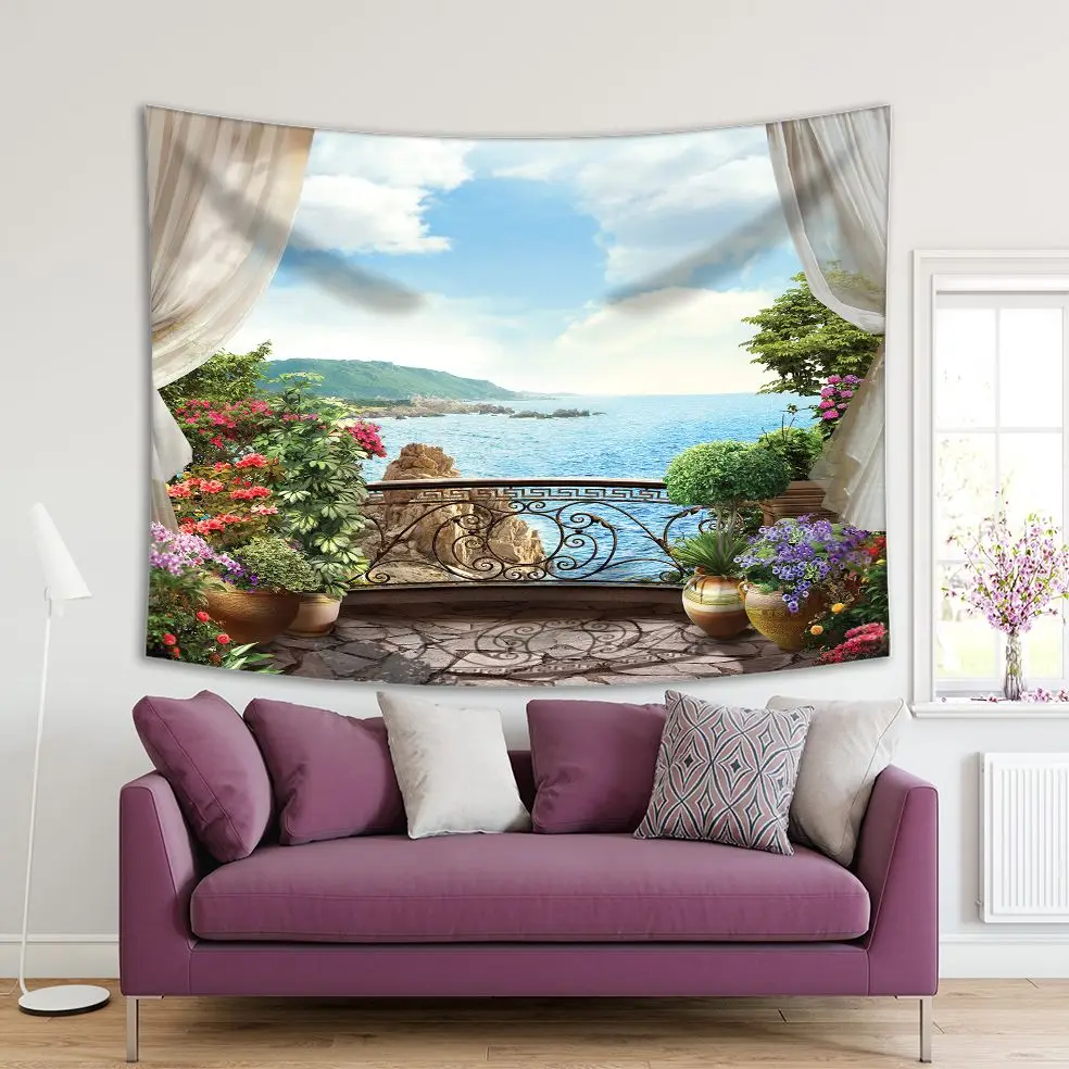 

Tapestry Fluffy Clouds over Ocean Seaside Hill Forest Scenery from Balcony with Colorful Flowers Plants Green Blue Beige View