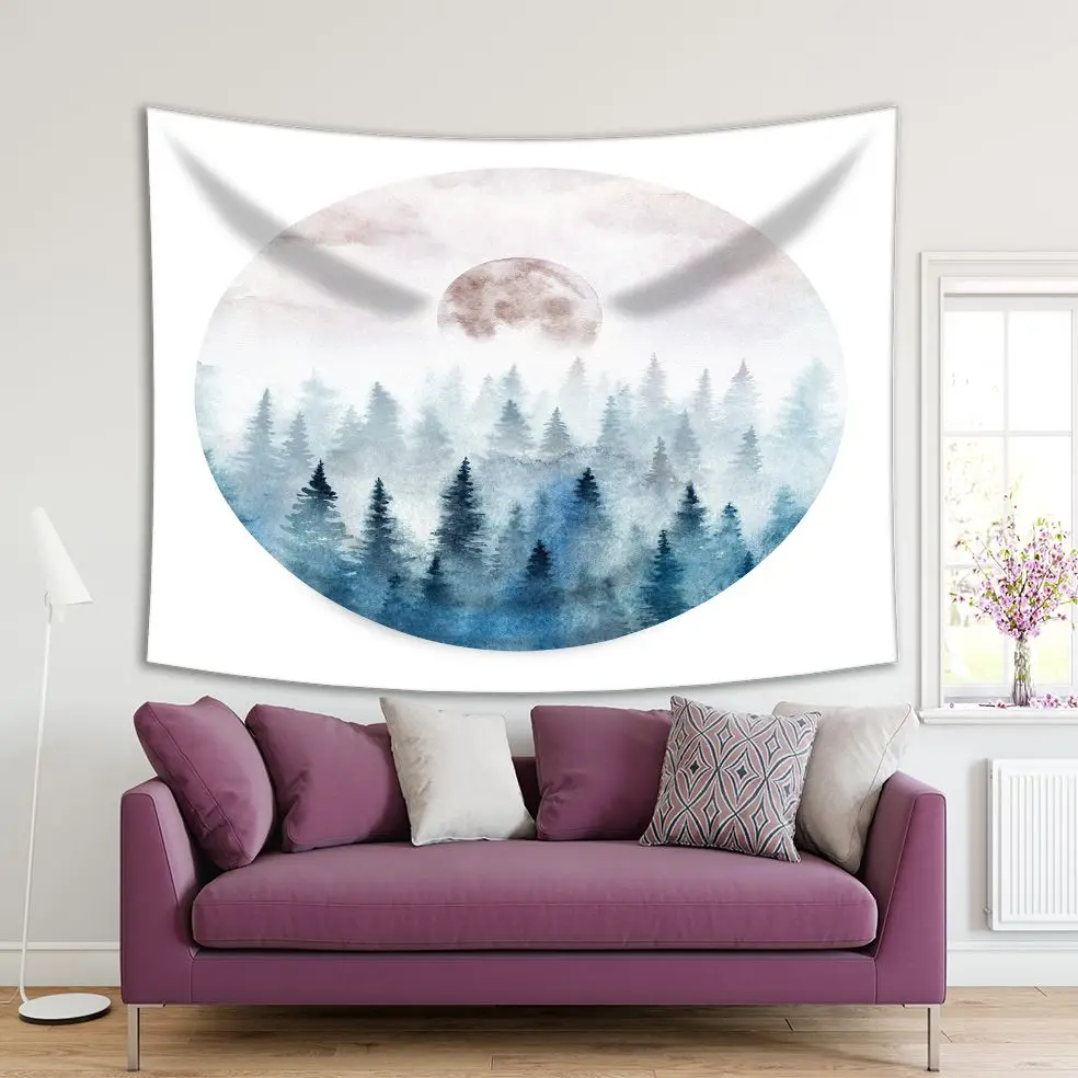 

Tapestry Landscape in A Circle with Foggy Forest and Rising Moon Watercolor Artwork Blue Beige White
