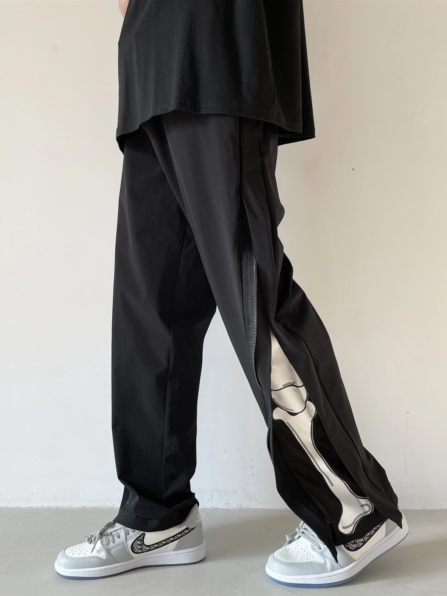

Skeleton Casual Pants Harajuku Side Men's Fashion Zipper Trousers Printing Baggy Wide Leg Streetwear Korean Hip Hop Street Wear