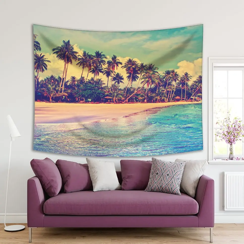 

Tapestry Sea and Hotel House Resorts Palm Trees Tropical Beach Clouds on Sky Vintage Style Photo Blue Green