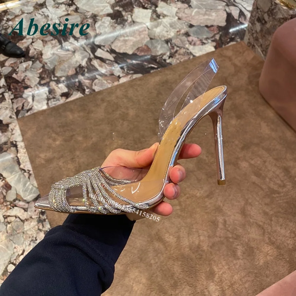 Pvc Crystal Ankle Strap Pumps 2022 New Twist Rhinestone Pointed Toe Stiletto Women Pumps High Heels Summer Silver Designer Sexy