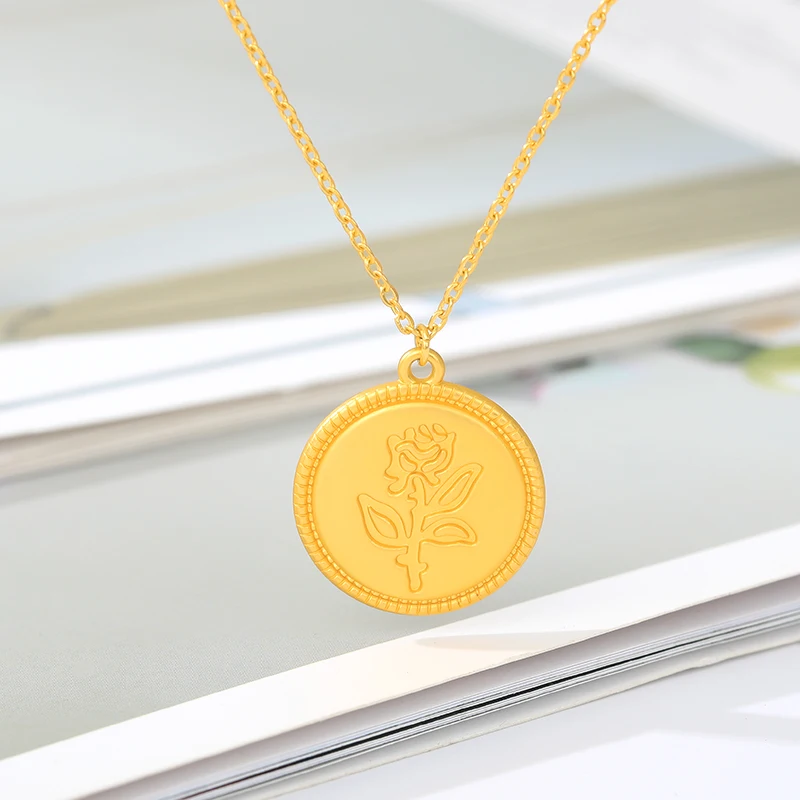 Розовое ожерелье из нержавеющей стали золотистого цвета Круглый Кулон воротник