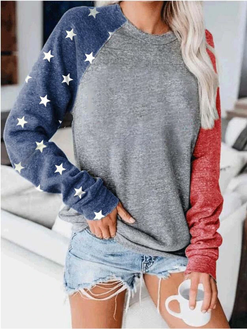 

Женская футболка со звездами, с длинным рукавом, с круглым вырезом, на осень, 2020