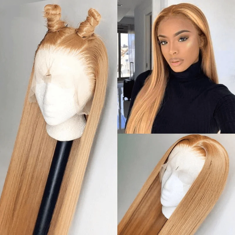 #27 Colored Honey Blonde Lace Front Human Hair Wigs Bone Straight Transparent Lace Closure Wig Brazilian Remy Wig For Women