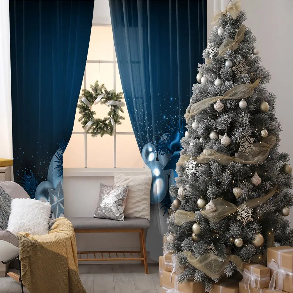 

Curtain Decorative Balls Pine Tree Branches Stars Sparkles in Snow on Celebration Theme Blue White