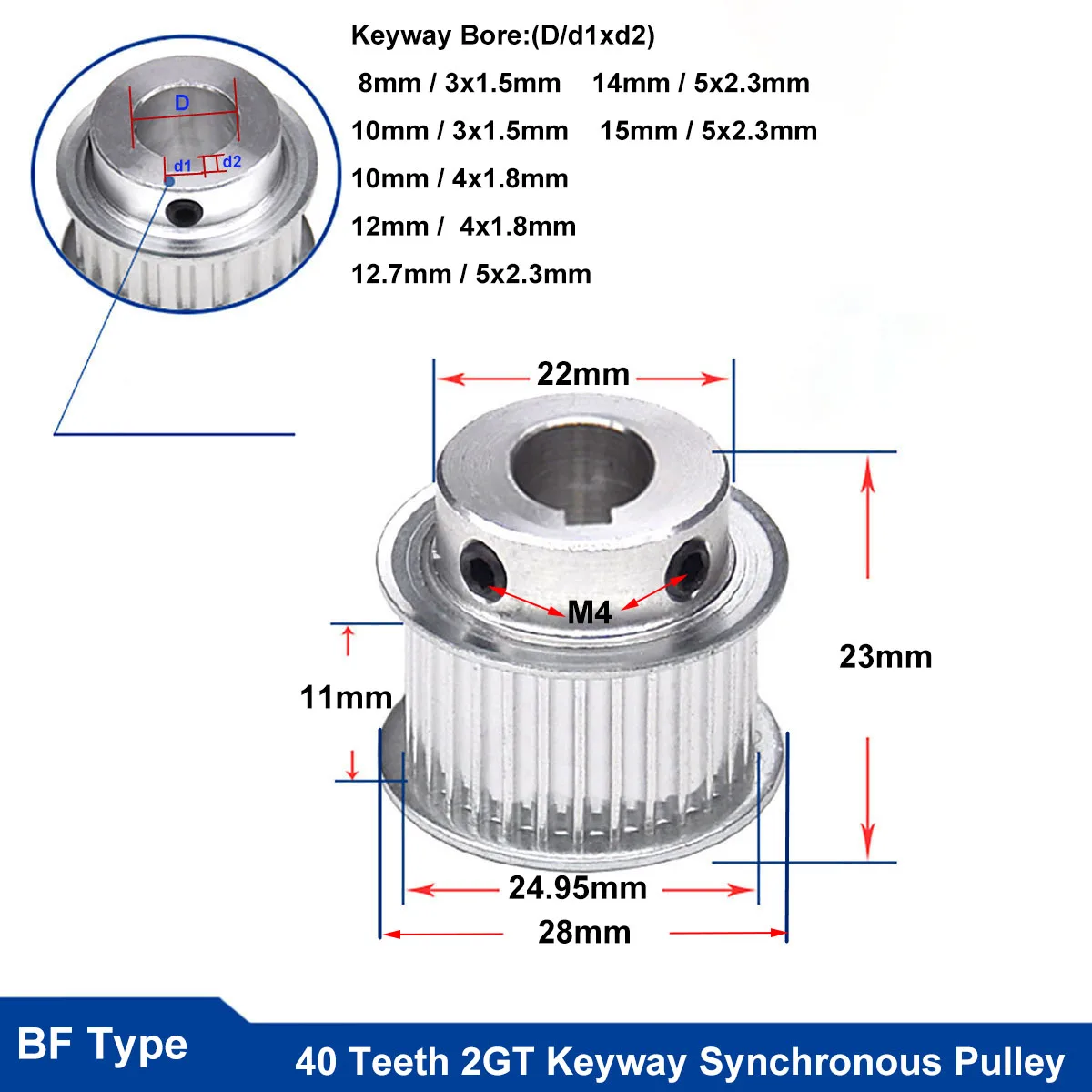 

40 Teeth 2GT BF Type Synchronous Timing Pulley Bore 8/10/1212.7/14/15mm Keyway Aluminium Idler Pulley For 10mm Width Timing Belt