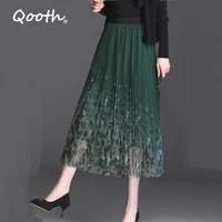 qooth 2022 spring womens leopard a line skirt high waisted fashion vintage midi tulle skirt all match trendy long skirt qt969