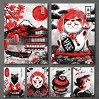 Японский художественный плакат, кошка гейши, кои, пейзаж, холст, живопись, черно-красные настенные картины, принты для гостиной, домашний декор