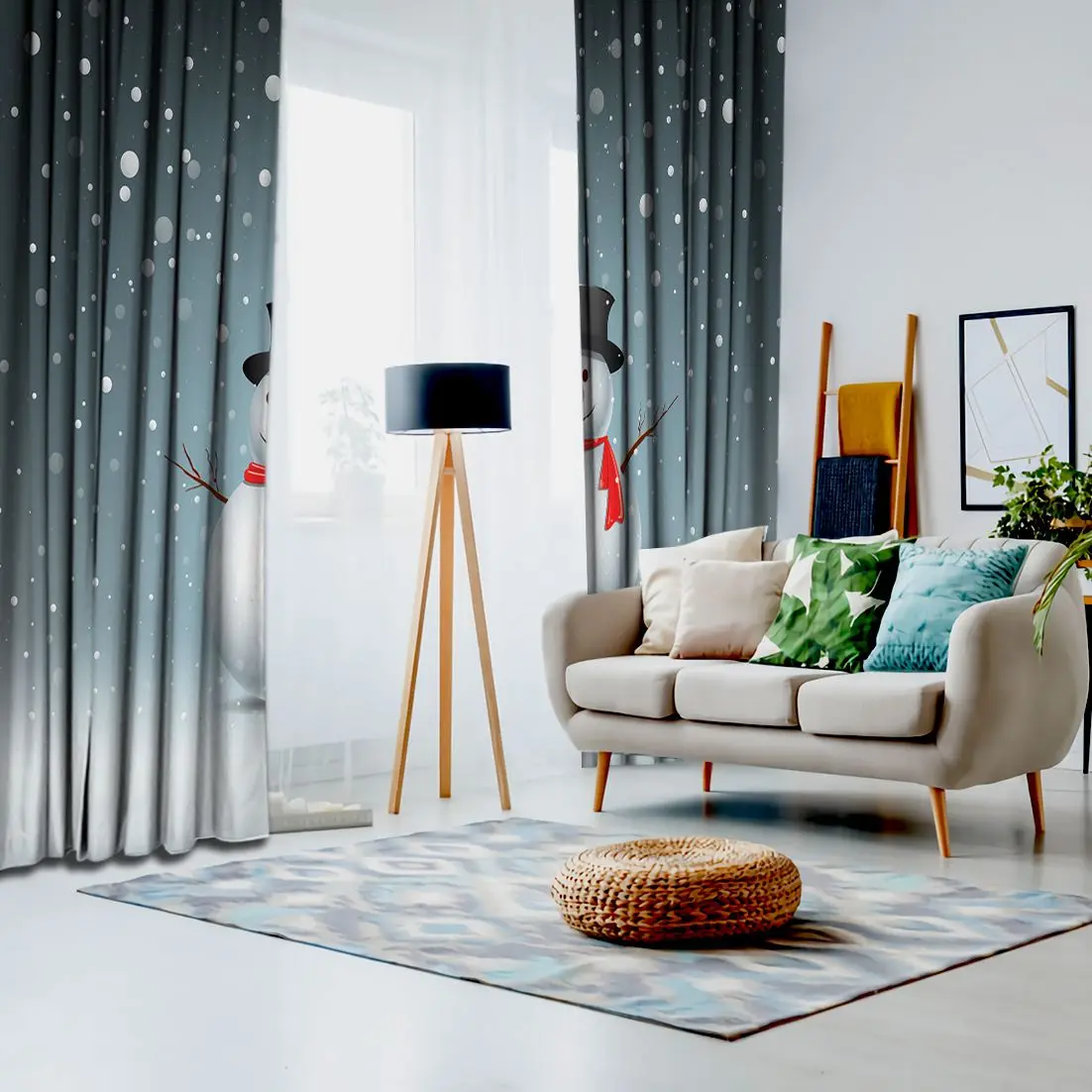 Занавеска с рождественским снеговиком снежные хлопья на сером фоне изображением