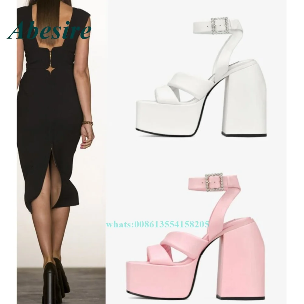 

2022 Summer New Square Toe Women Sandals Peep Toe Platform Buckle Strap Sandals Super High Heels Leather Party Shoes Sexy Shoes