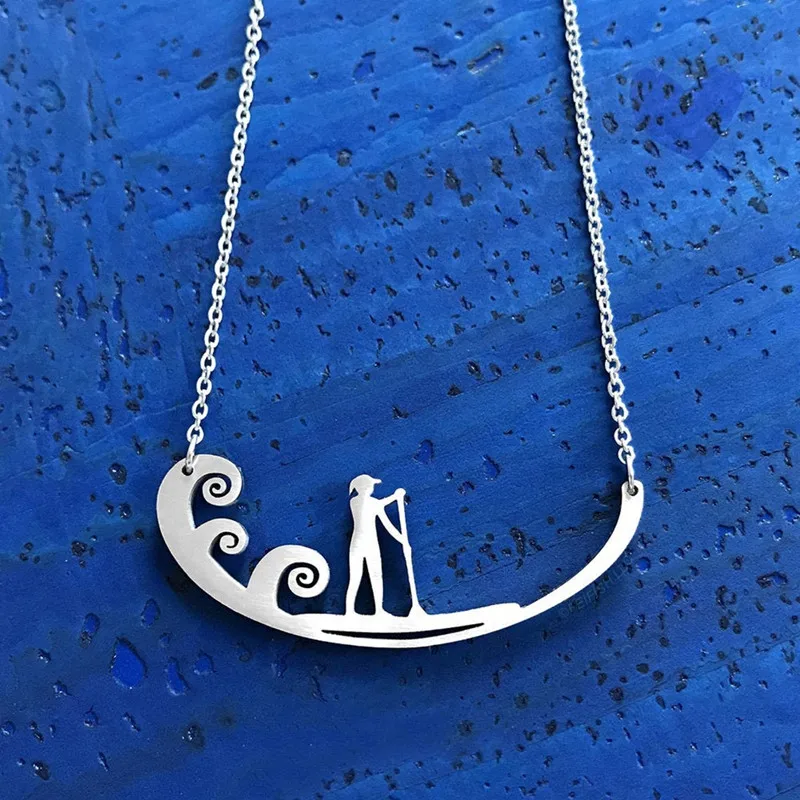 

Paddleboarder Stainless Steel Necklace For Women Men Choker Sport Jewelry Rower Surfing Canoe Boat Kayaking Pendant Surf Collare