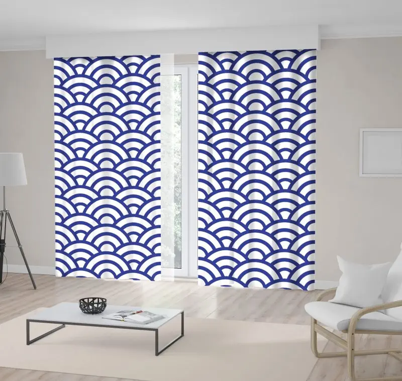 

Curtain Sea Waves Fish Scales Wavy Lines Modern Artwork Printed Blue and White
