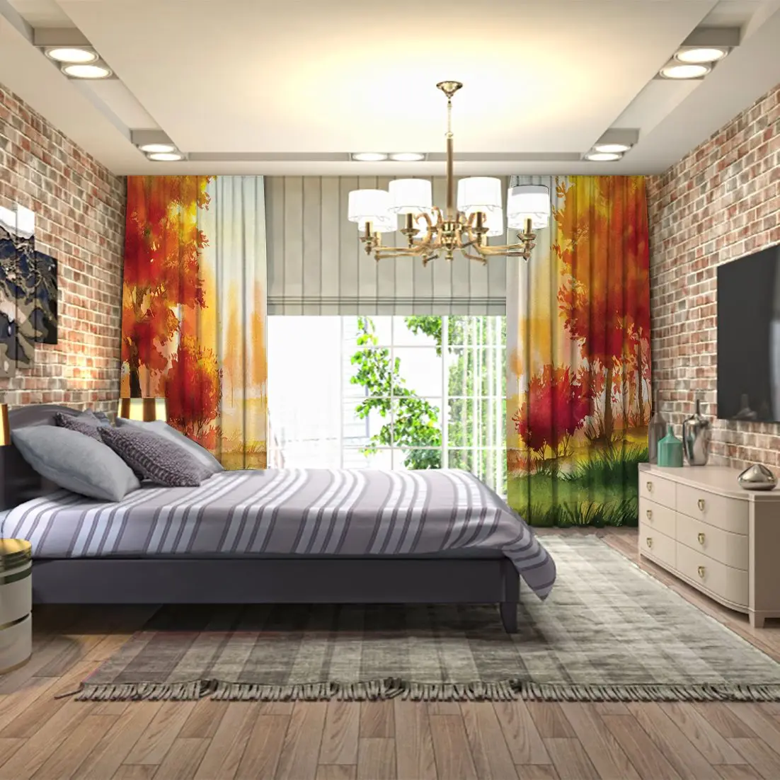 Занавеска осенний пейзаж с деревьями трава Восход вид Акварельная иллюстрация