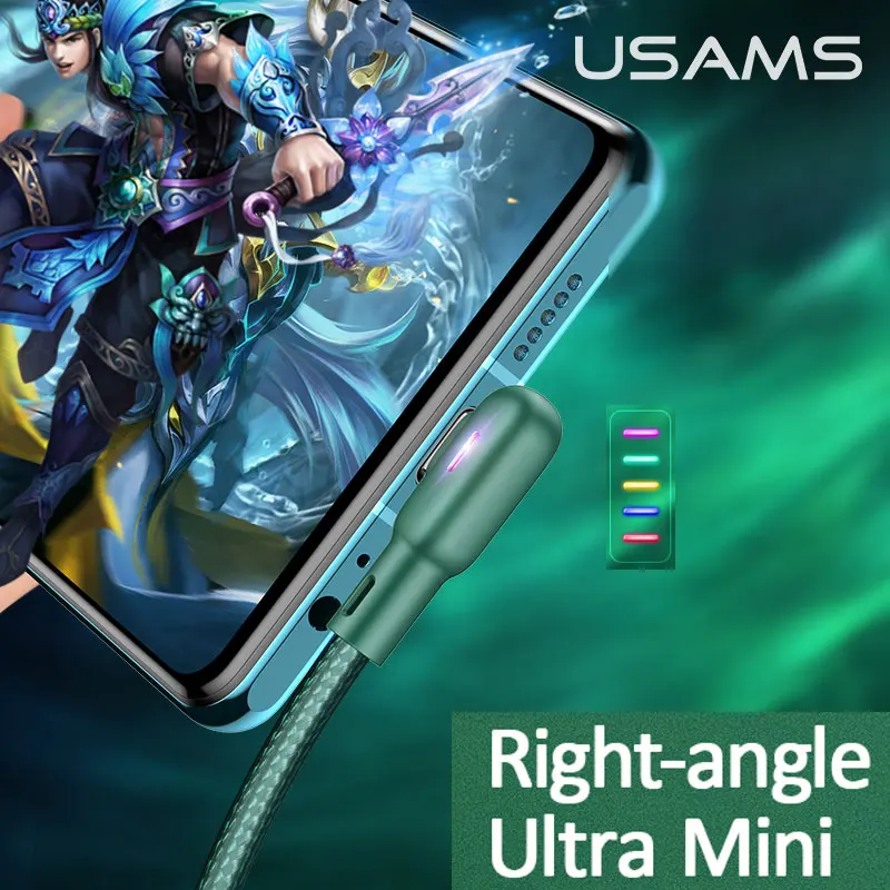 USAMS U57 LED Indicator Type C Micro USB Lightning Elbow Game Cable For iPhone Samsung Redmi Huawei Reversible Charging Cable