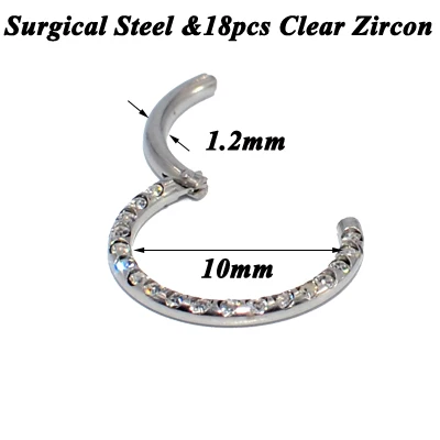 10mm Silver Clear 1 шт. G23 титановый/стальной шарнирный сегмент пирсинг для носовой перегородки Кристальное носовое кольцо ниппель кликер шпилька для уха серьги для губ пирсинг - Окраска металла: 10mm Silver Clear