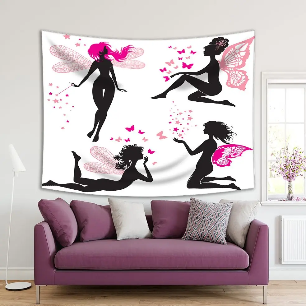 

Tapestry Fairy Girls with Wings Butterflies Stars and Wand Magic Fun Happy Cartoon Black and Pink Artwork Print