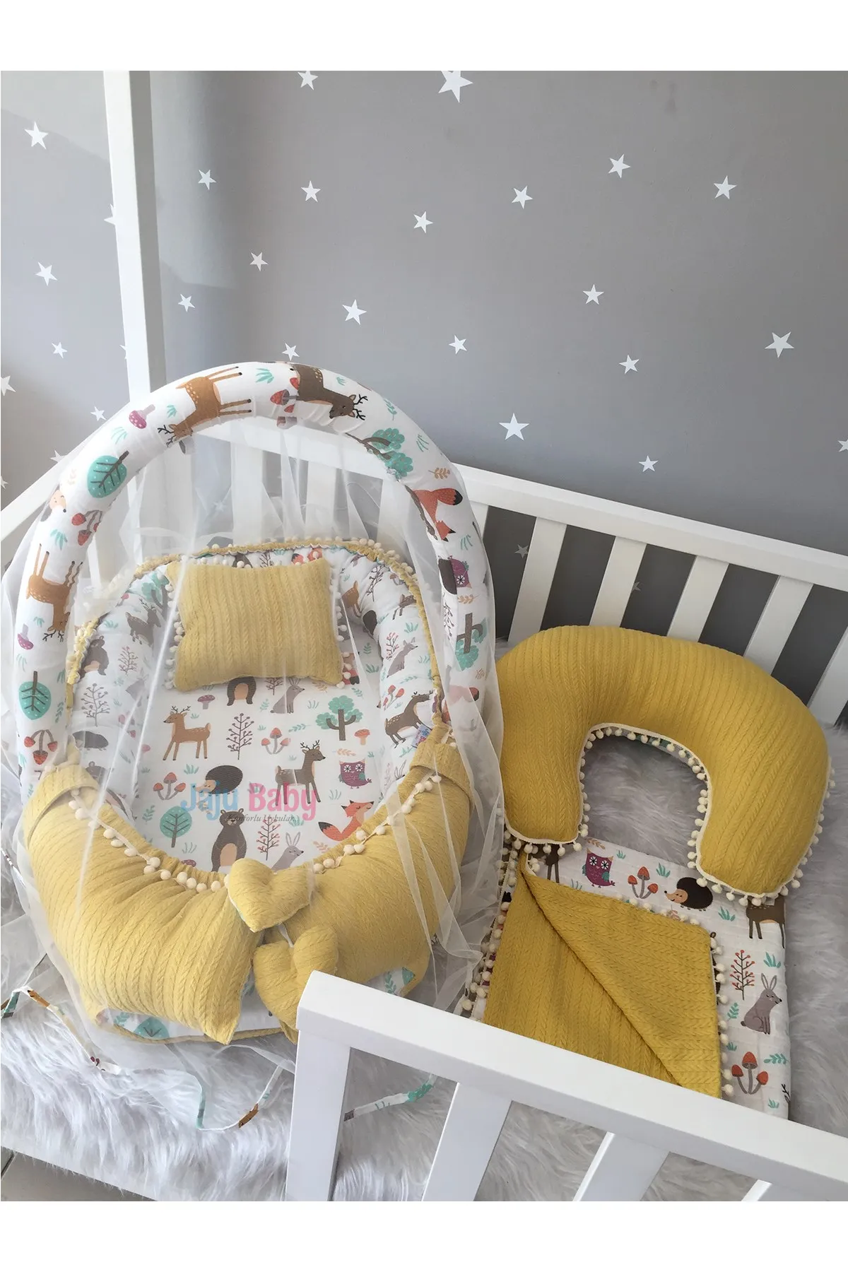 Jaju Baby Handmade Yellow Knit Pique Fabric and Forest Muslin Fabric 6 Piece Babynest Set with Pompom Mother Side Portable Bed