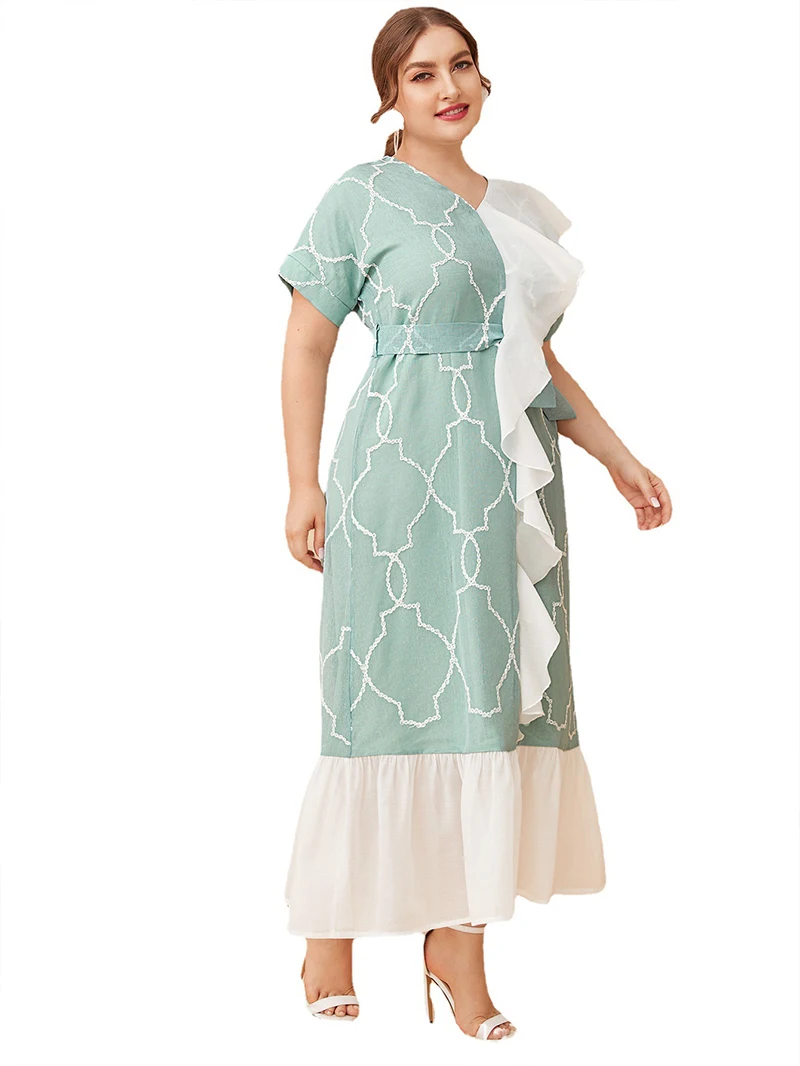 

Plus Size Women Ruffle Print Color Match One Piece Dress