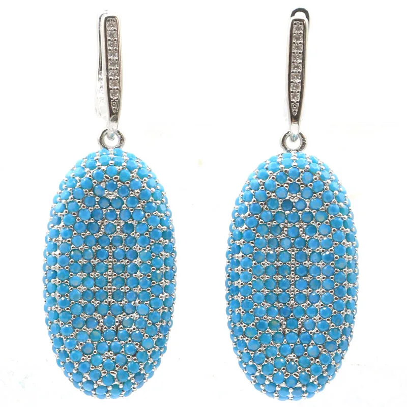 

47x16mm Classic Long Big 10g Created Blue Turquoise CZ Gift For Sister Silver Earrings