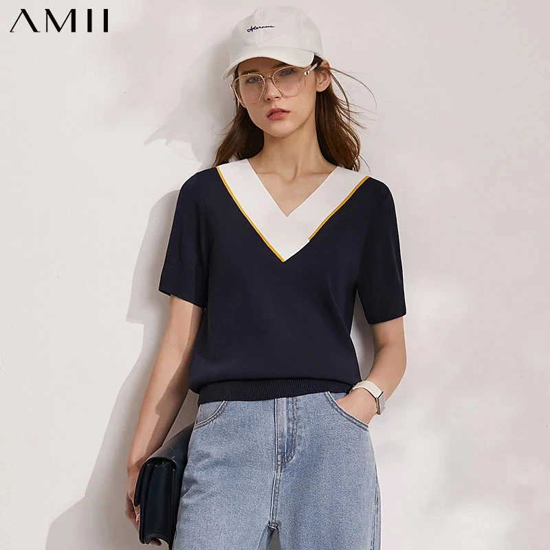 

Amii Minimalism Spring Summer Women's Tshirt Fashion Patchwork Vneck Short Sleeve Female Knitted Pullover Women Tops 12140271