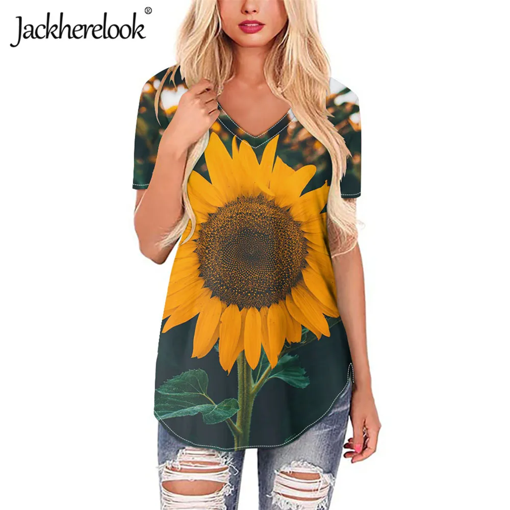 

Jackherelook Women Shirts Elegant Ladies V-Neck Blouse Yellow Floral Sumflower Brand Design Plus Size Tops Short Sleeve Clothing