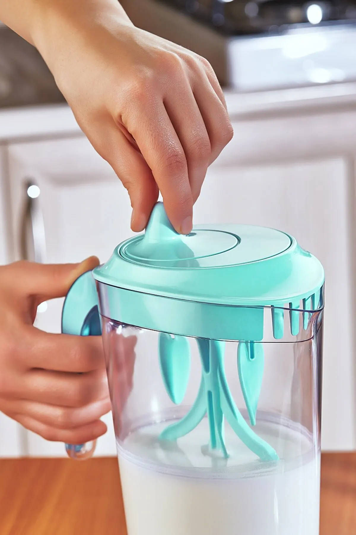 

Mint Blue Plastic Carafe with Mixer Inside Mixing Pitcher Drinkware Tool