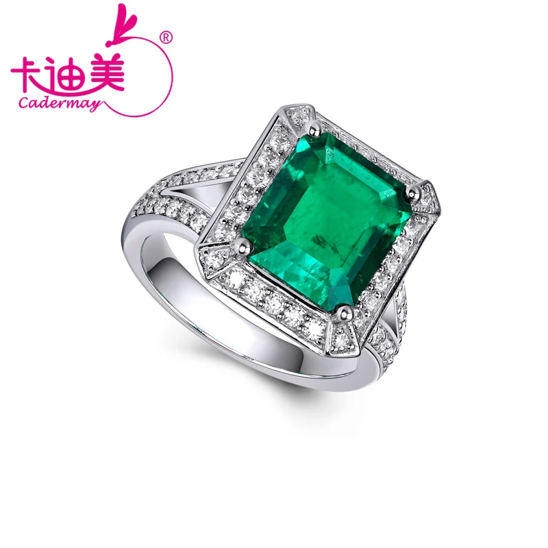 

CADERMAY 10k 14k 18k Real Gold 9x11mm Emerald Ring with Melee Moissanite Square Gemstone for Engagement Wedding Jewelry Gift
