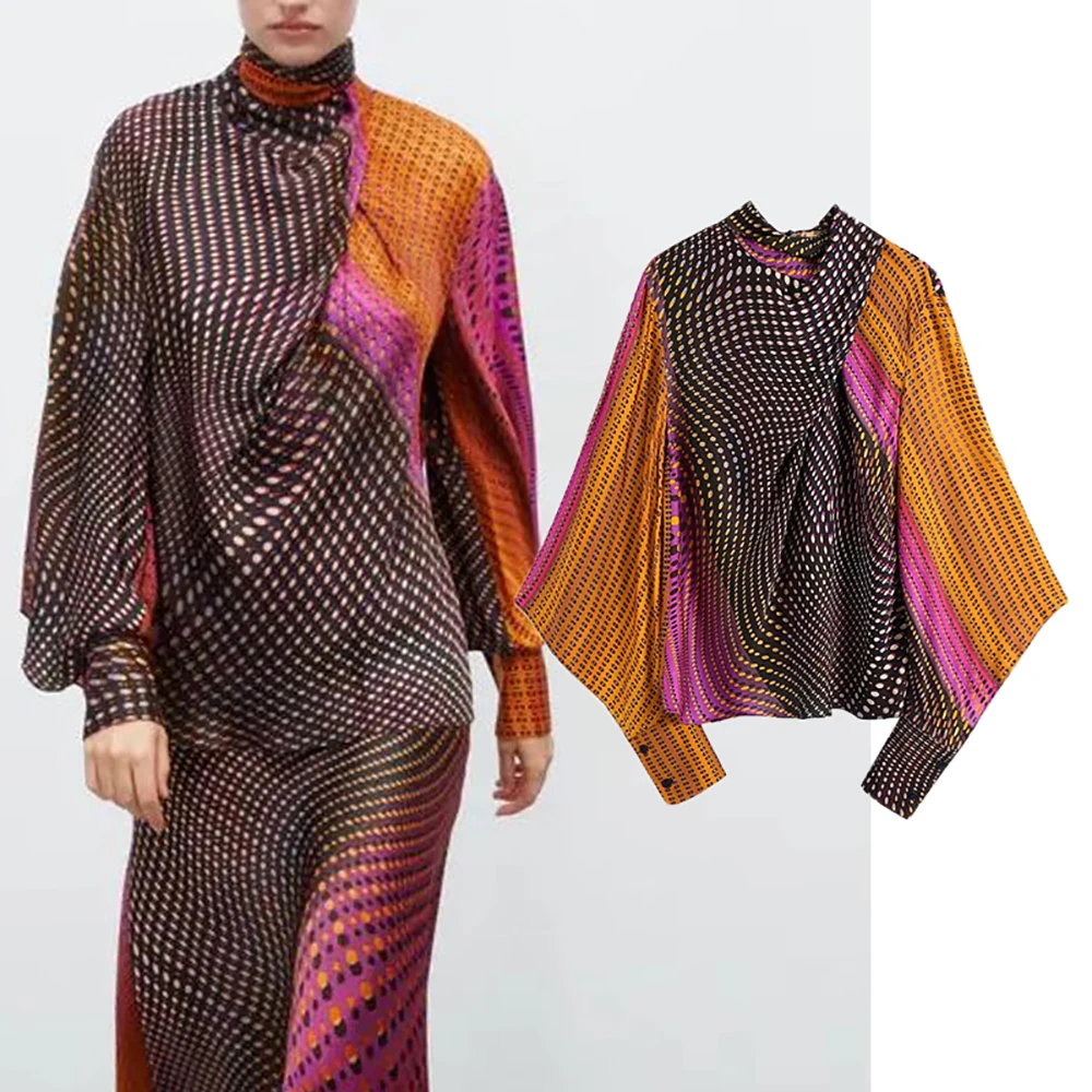 

ZA Women Print Blouse Single Breasted Turn Down Collar Casual Bow Tops Long Sleeve Female Loose Shirts Chic Women's Skirt Dress