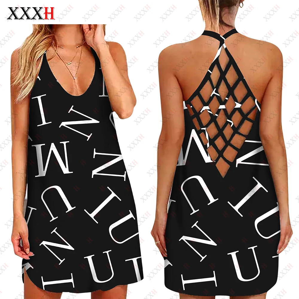 

XXXH Novelty Dress 3D Sexy Letters Print Hollow Suspender Skirt Flowers Skirt Bohemian Beach Casual Sexy Dress 2022 Summer